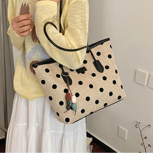 Big Polka Dot Woven Canvas Spliced PU Large Tote Bag