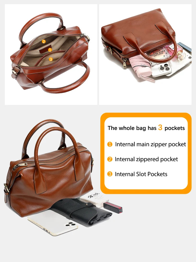 Vintage Green Genuine Leather Top-handle Bag For Women Boston Bag Shoulder Handbag