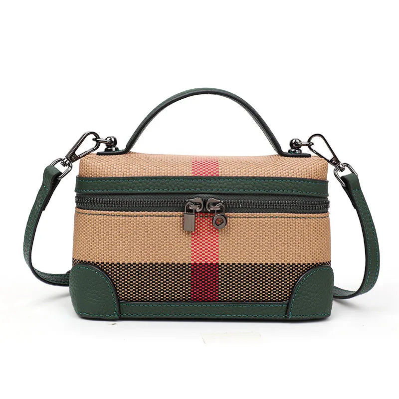 Women's shoulder crossbody mini bag plaid small square bag made of canvas and cowhide