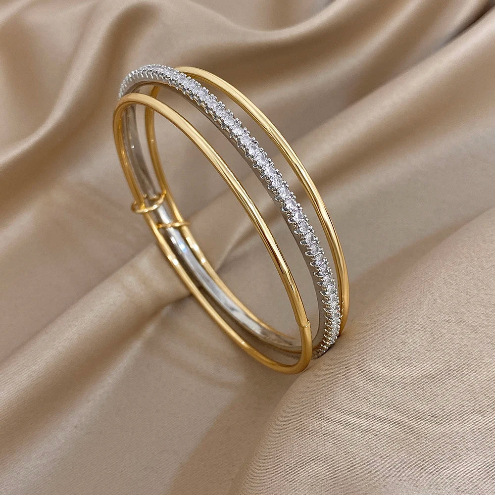 3pcs Two Tone Full Rhinestone Smooth Bangle Bracelets for Women