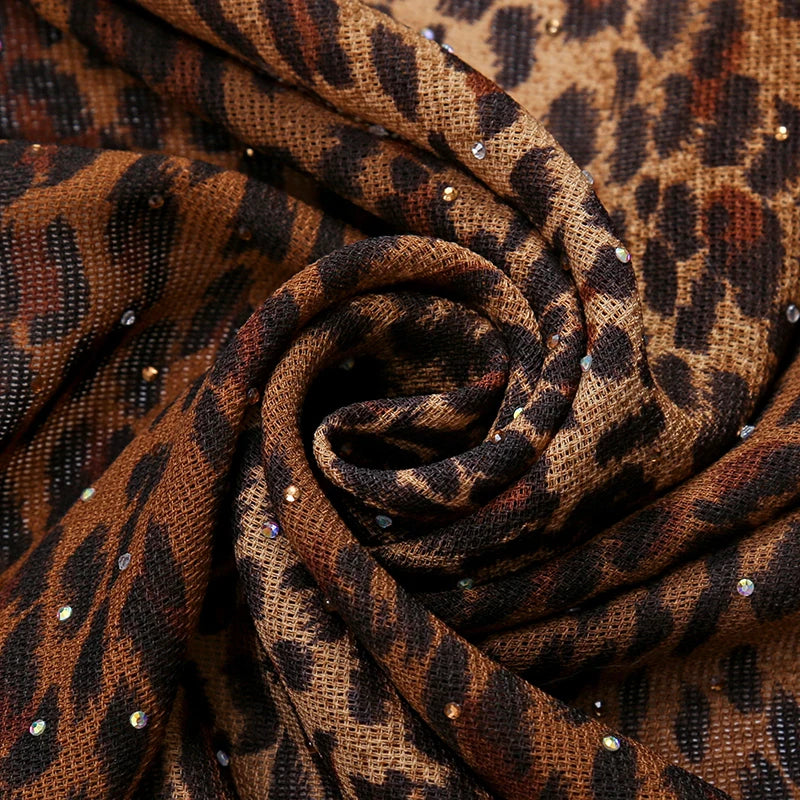 Rhinestone Leopard Print Square Scarf Tassels Satin Shawls