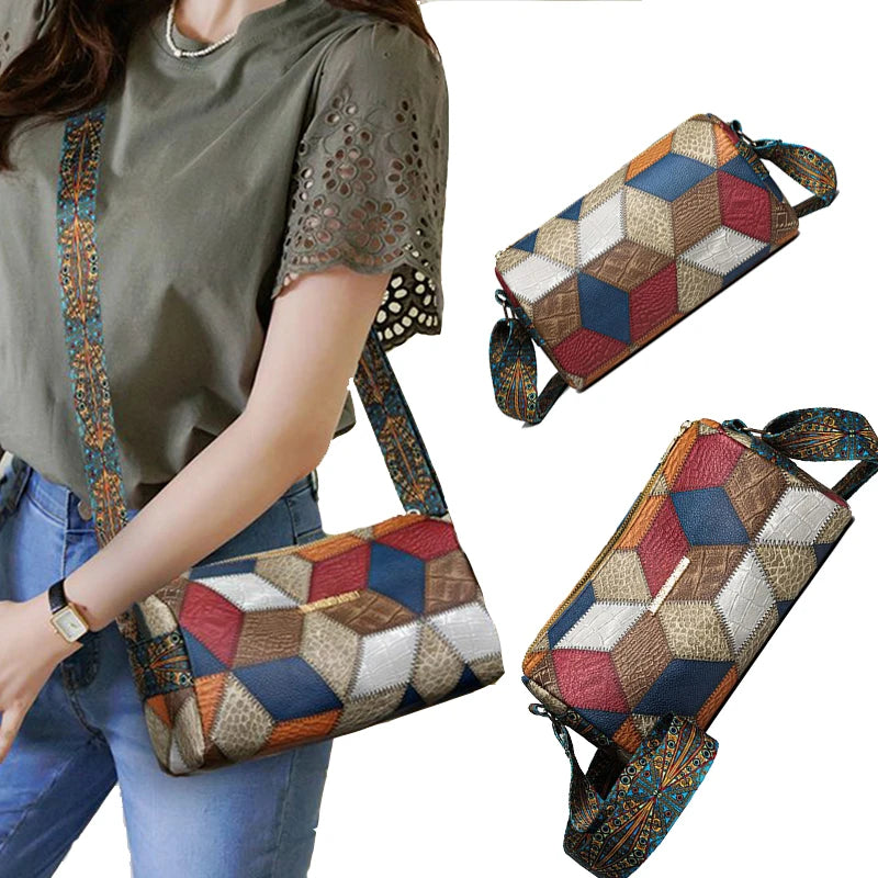 Distinctly ethnic style shoulder strap design neutral color rectangular crossbody bag