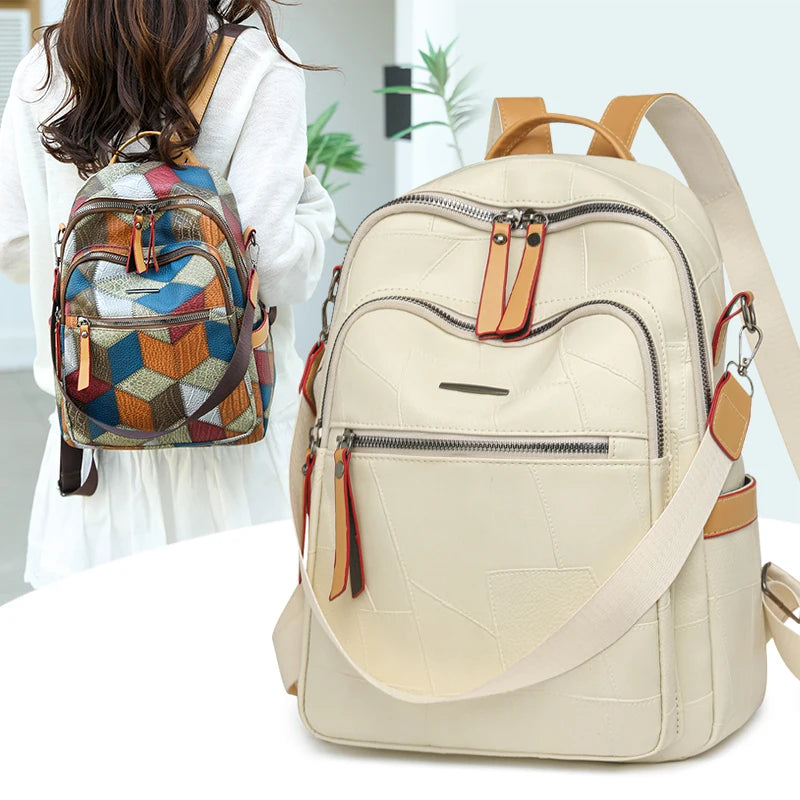 Vintage PU Leather Backpack for Women Large Capacity Travel Rucksack Fashionable