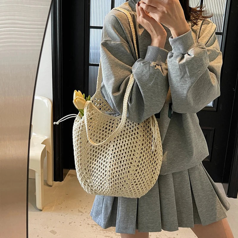 Chic Simple Large Capacity Shoulder Bags for Women Casual Straw Woven Tote Bag