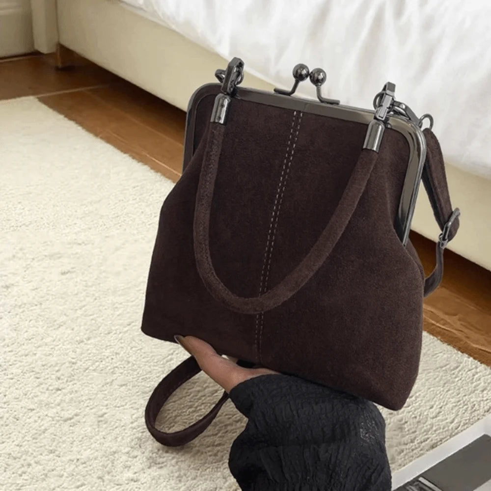 Large Capacity Retro Frosted Handbag Kiss Lock PU Leather Crossbody Clip Closure