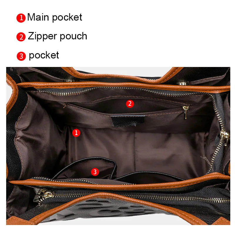 Large Capacity Ladies Handbag Leather Cowhide Color Block Letter Tote Shoulder Bag