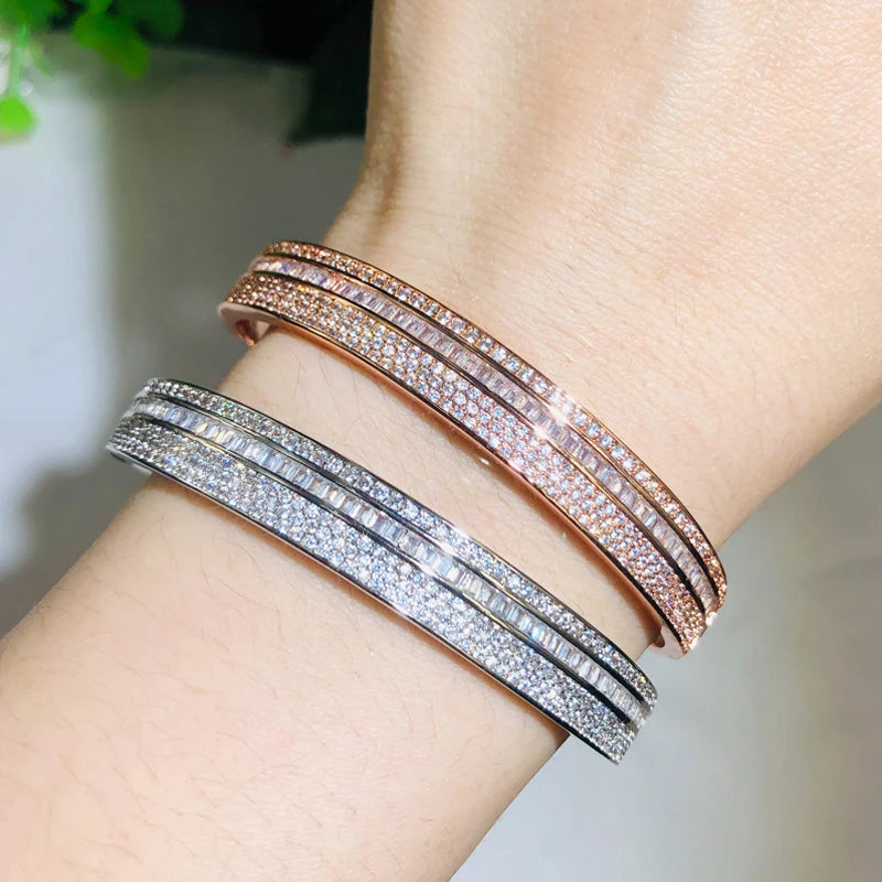 Sparkling Cubic Zirconia Rose Gold Color Big Round Circle Cuff Bangles Luxury Jewelry