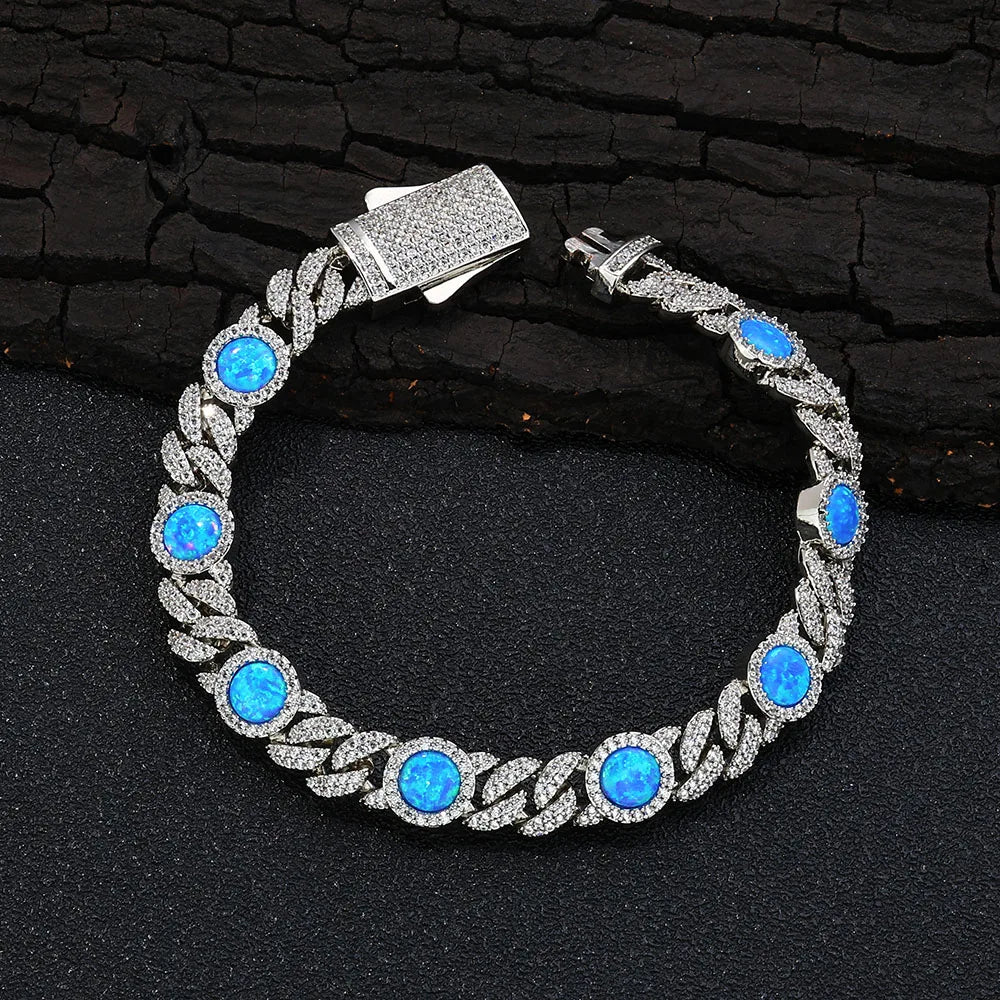 18k Gold Plated Cubic Zircon Bracelet Jewelry Iced Out Big Blue Opal Chain Bracelet