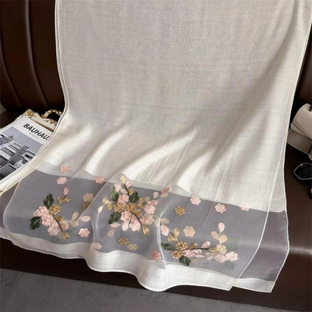 Elegant floral embroidered silk scarf for women stylish sunscreen beach shaw