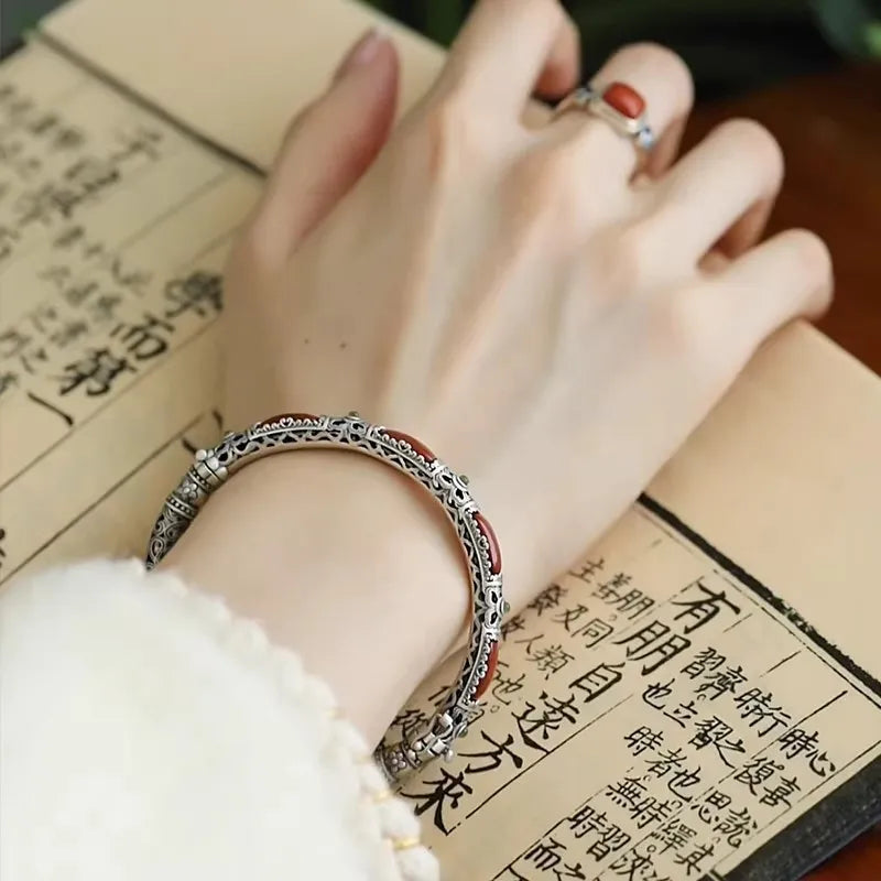 Retro style silver 925 inlaid red tourmaline bracelet