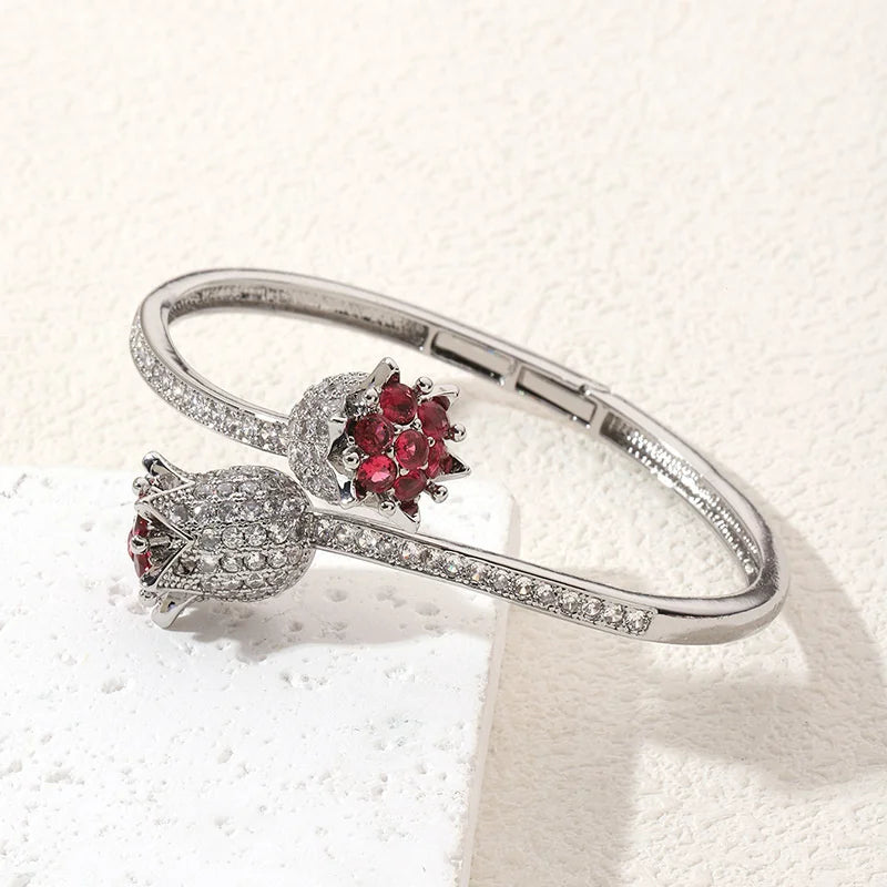 Luxury Zircon Open Rose Bracelets With Sparkling Crystals Chic Bangle Hand Jewelry