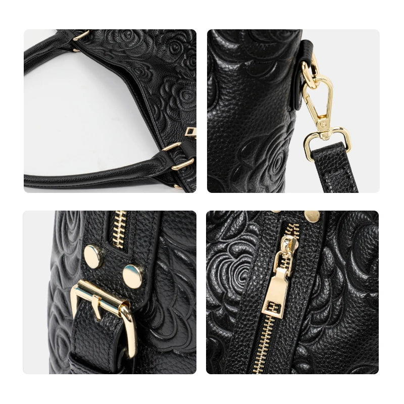 Rose Embossed Leather Tote Bag Gold Zippers and Buckles