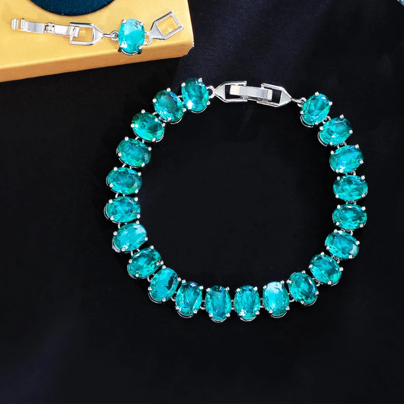 ThreeGraces Unique Green Cubic Zirconia Silver Color Oval CZ Tennis Link Chain Bracelet for Women Chic Daily Party Jewelry BR372