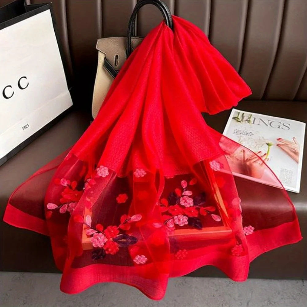 Elegant floral embroidered silk scarf for women stylish sunscreen beach shaw