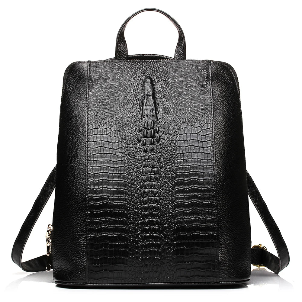 Genuine Leather Backpack Crocodile Pattern Large Capacity