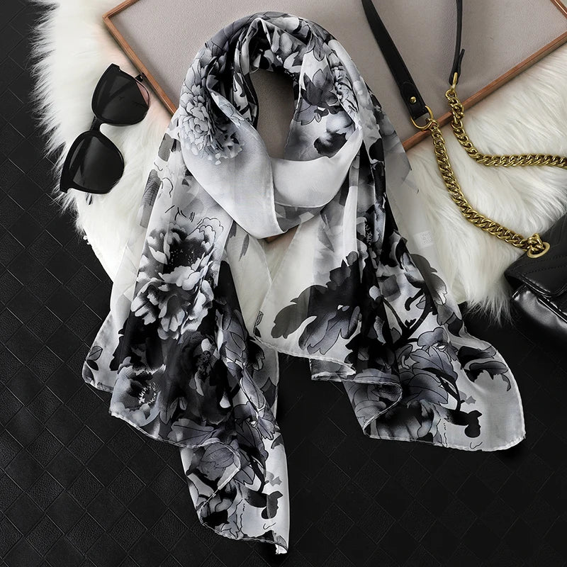 Thin Soft Chiffon Scarves Women Floral Print Silky Scarf