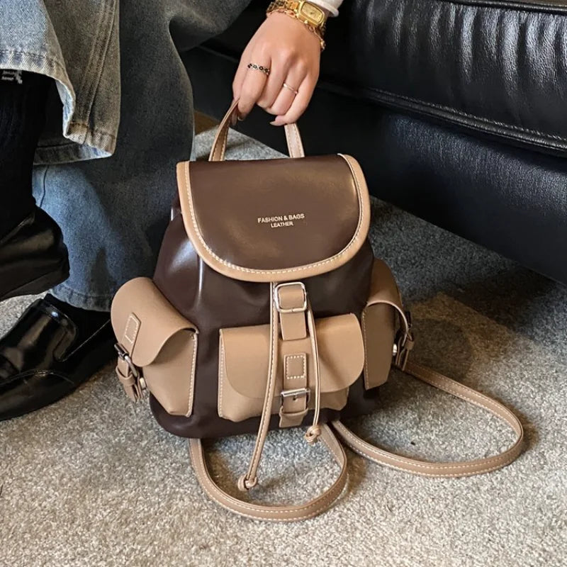 Vintage Black & Brown Leather Backpack Drawstring Flap Design with Side Pockets