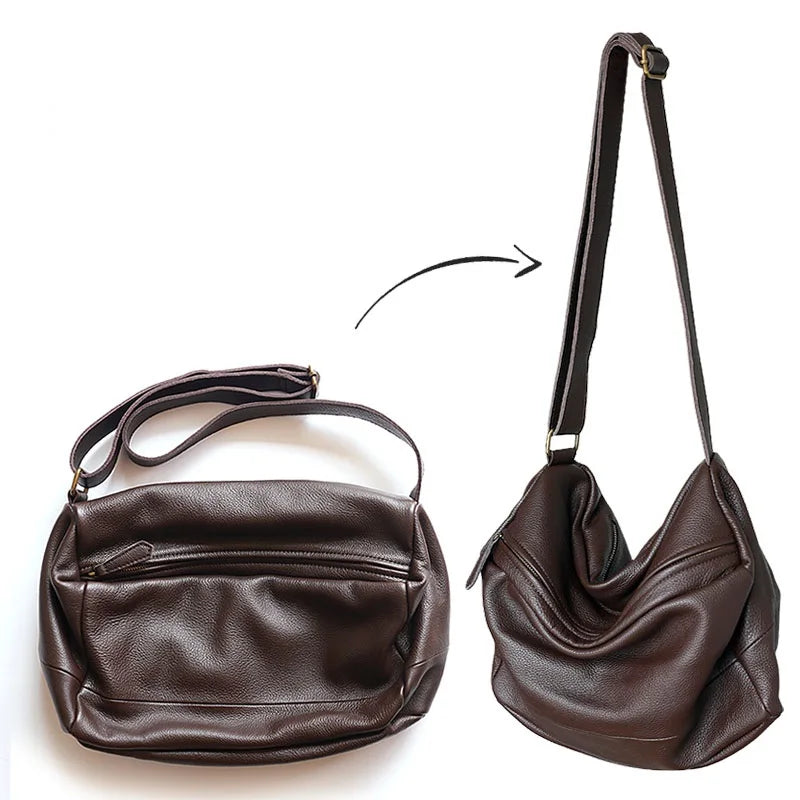 Slouchy Style Square Crossbody Bag Soft Genuine Leather Tote