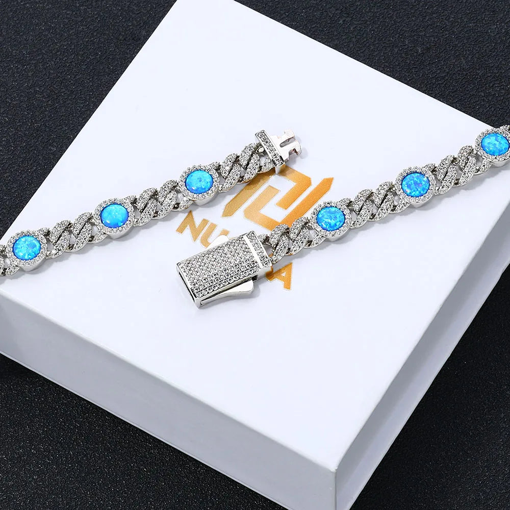 18k Gold Plated Cubic Zircon Bracelet Jewelry Iced Out Big Blue Opal Chain Bracelet