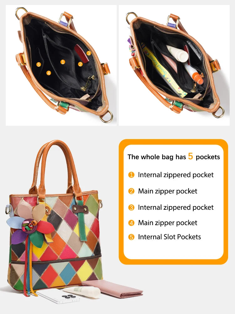 Fashionable Patchwork Tote Bag Genuine Leather Large Capacity