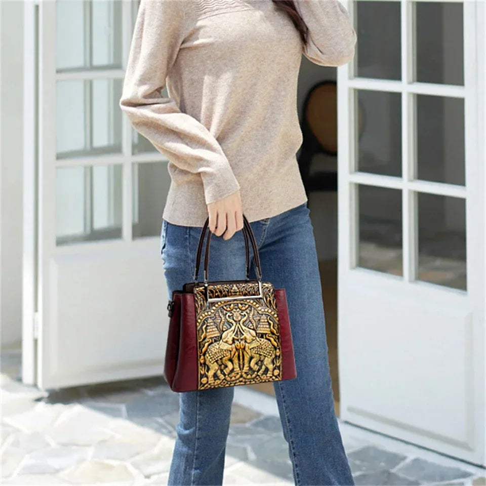 Vintage Embossed Handmade Handbag Versatile PU Leather Bag Large Capacity