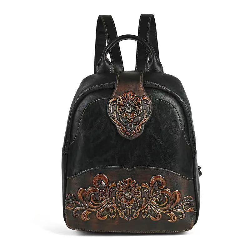 Vintage Ladies Leather Backpack Floral Double Shoulder Bag