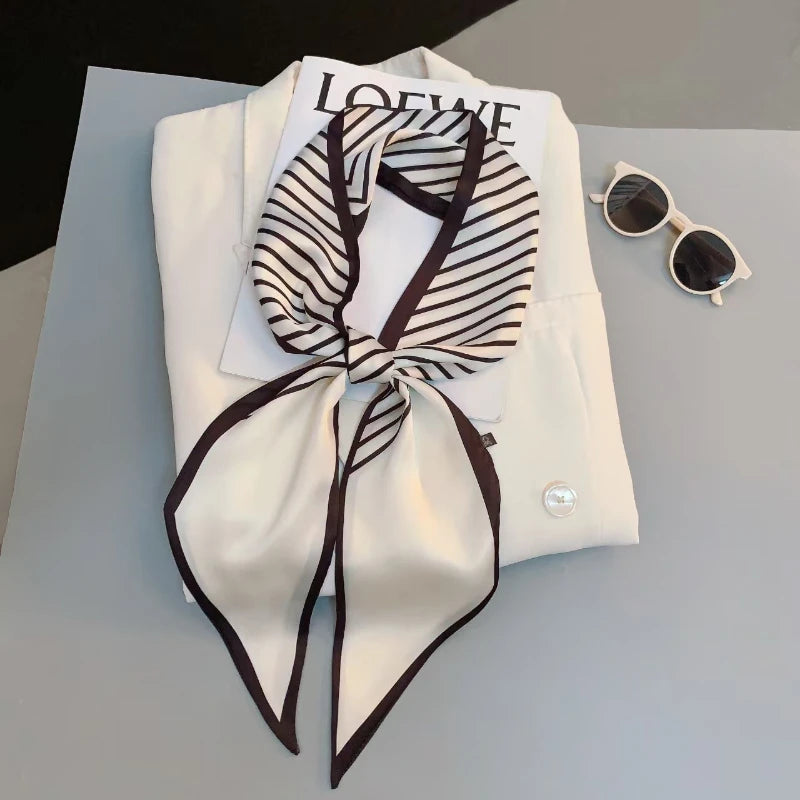 Slim Narrow Long Silk Scarf for Spring & Autumn Hair Band Elegant Small Scarf