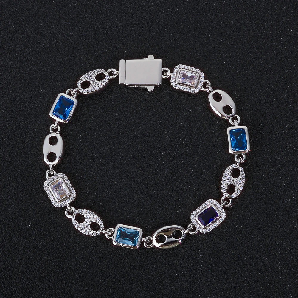 8MM Gemstone Iced Out Bracelet Blue Cubic Zirconia Link Bracelet Fashion Jewelry