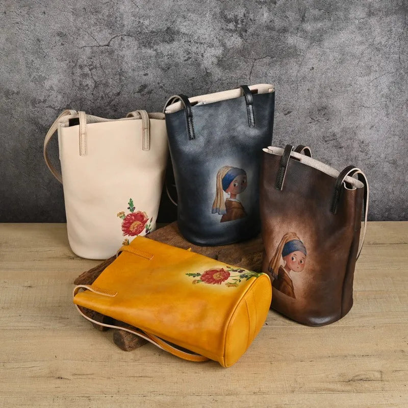 Retro Real Cowhide Hand-Printed Natural Genuine Leather Leisure Large Capacity