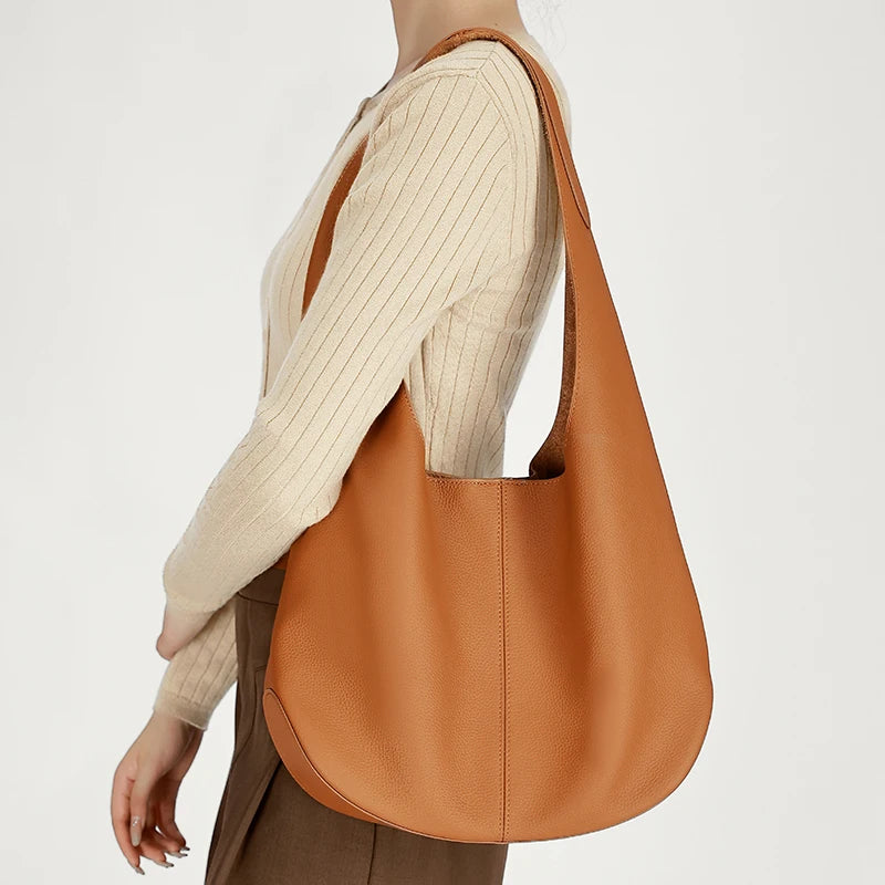 Genuine Cowhide Leather Slouchy Hobo Shoulder Tote Bag