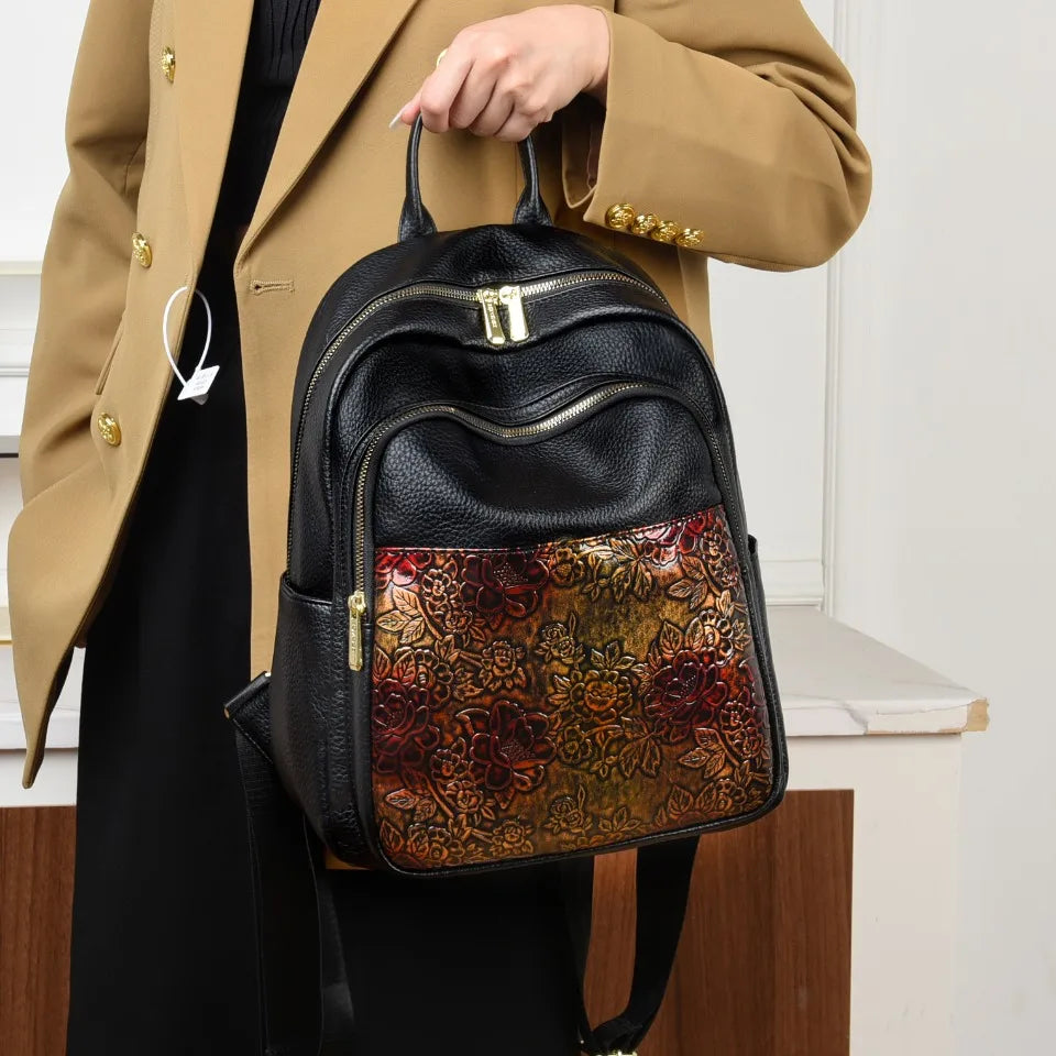 Vintage Floral Print High Quality Soft Leather Backpack Women Large Capacity Bag