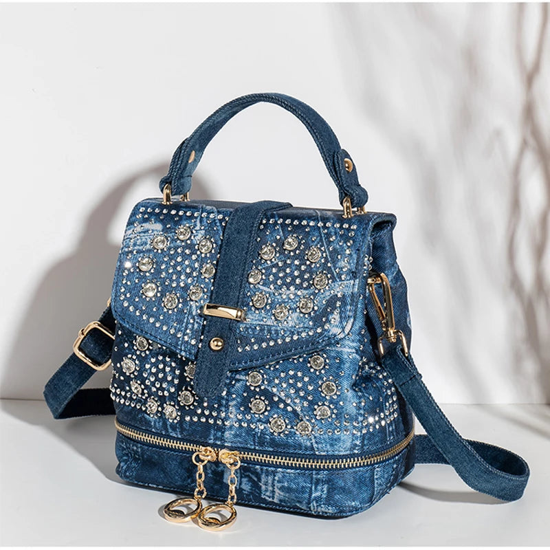 Diamond Appliques denim backpack multi-functional portable one-shoulder backpack