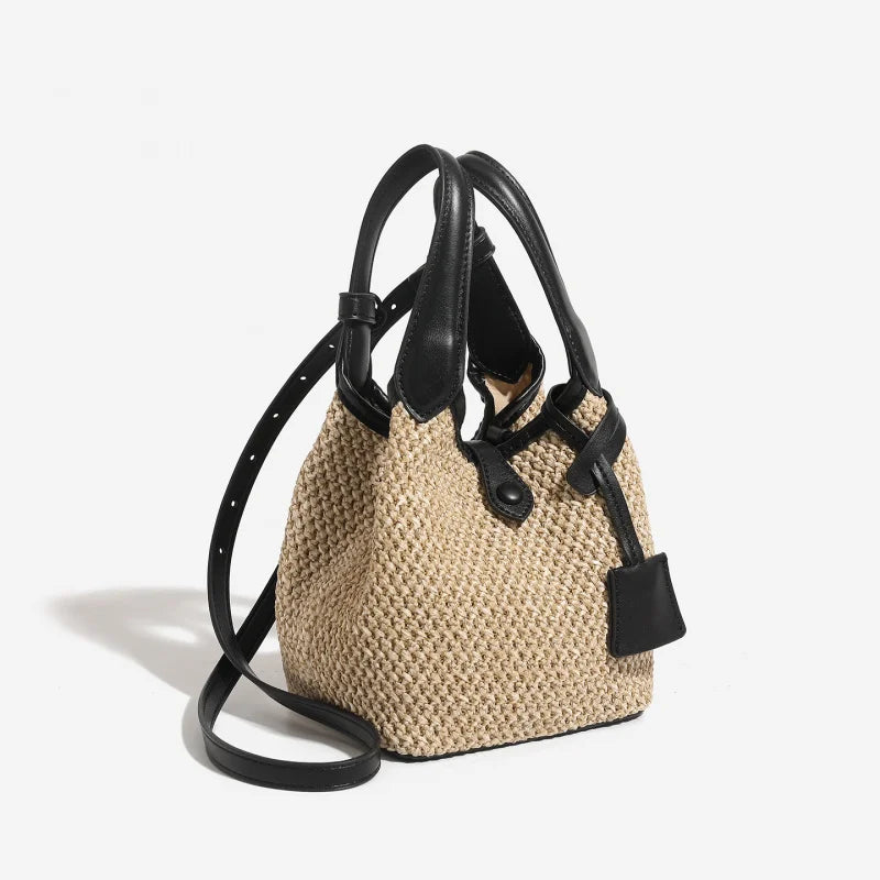 Straw Woven Bucket Bag Leather Handle Crossbody Bag