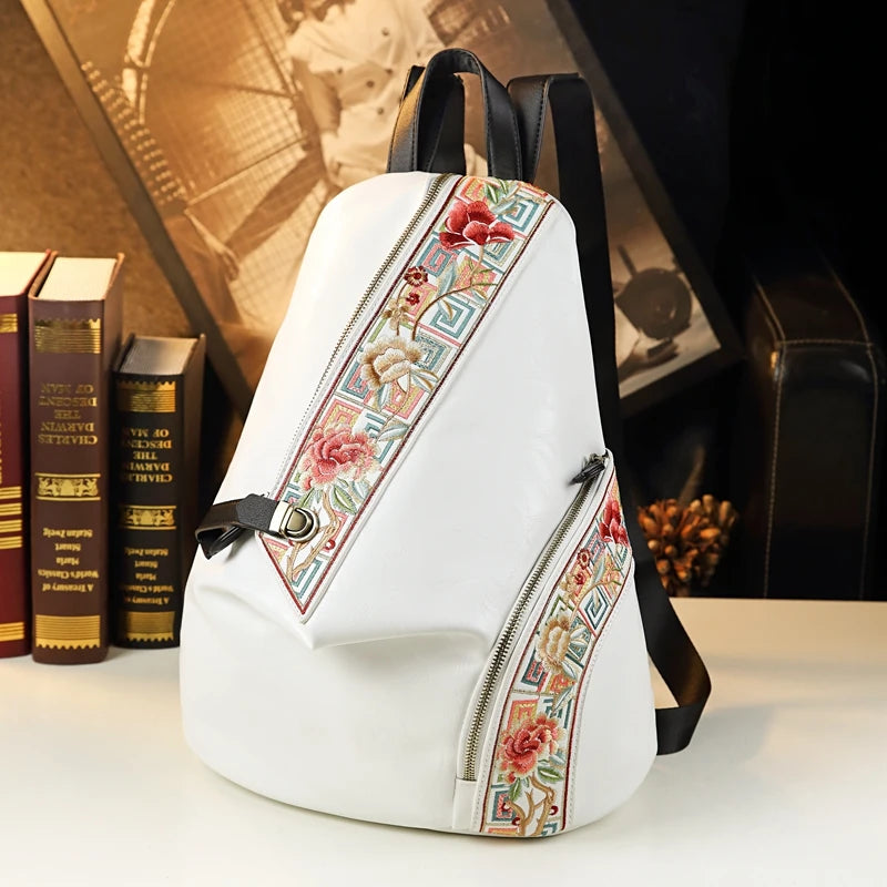 Retro Genuine Leather Women Backpack Embroidered Design Ladies Bag Travel Backpacks