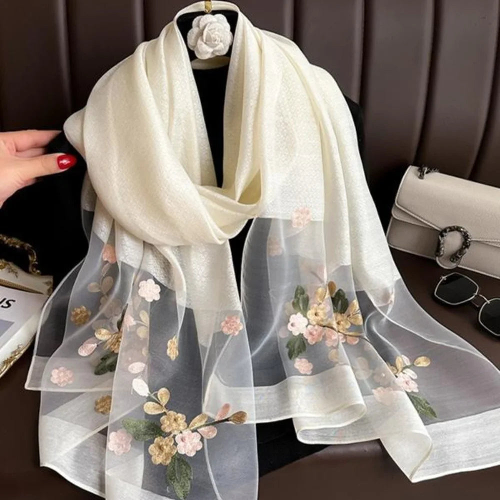 Elegant floral embroidered silk scarf for women stylish sunscreen beach shaw