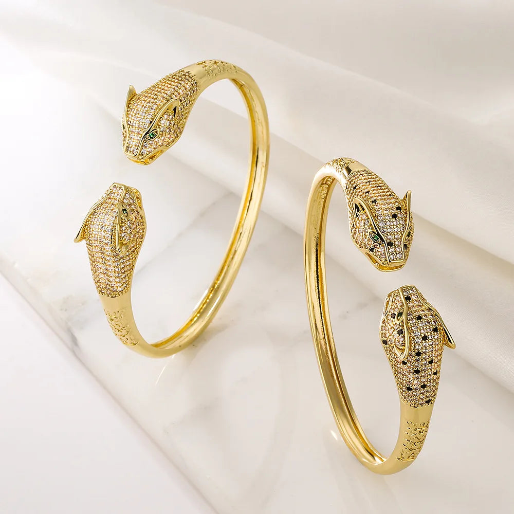 Trendy leopard head open bracelet 18K gold electroplated