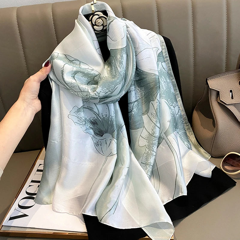 180*90cm Large Silk Satin Scarf Hijab Women Print Shawl