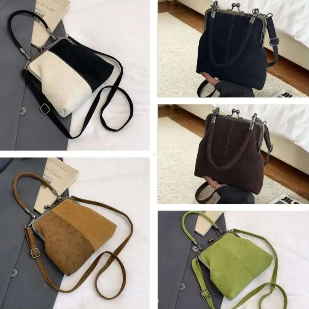 Large Capacity Retro Frosted Handbag Kiss Lock PU Leather Crossbody Clip Closure
