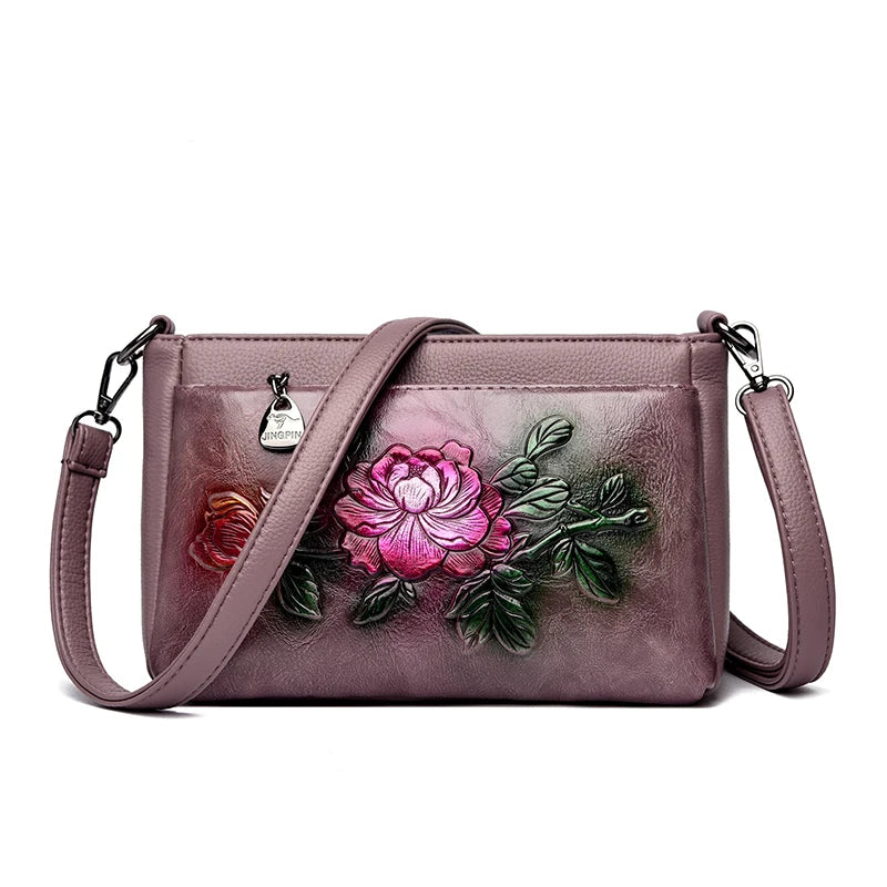 Genuine Brand Top Quality Pu Leather Vintage 3D Floral Embossed Elegant Handbag
