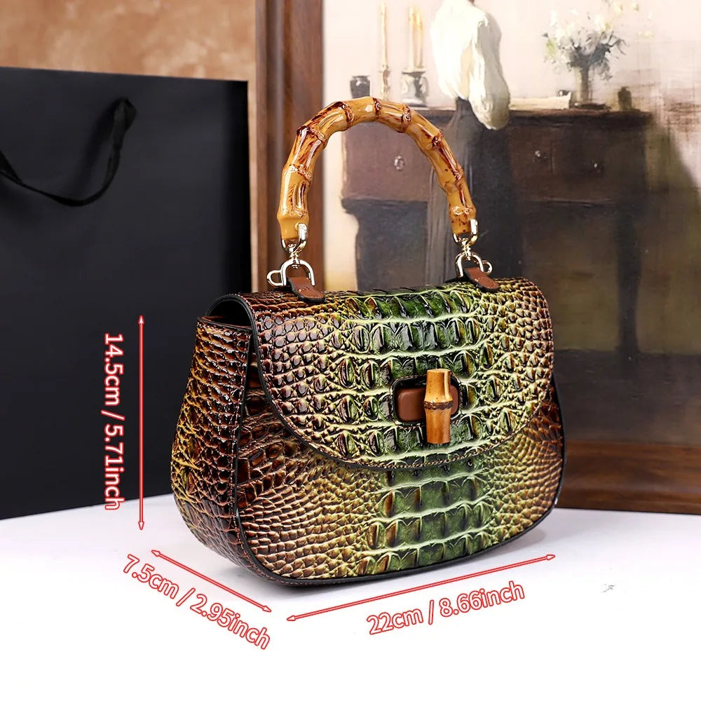 Crocodile Pattern PU Leather Bag Women's Bamboo Handle Fashion Trend Crossbody Bag