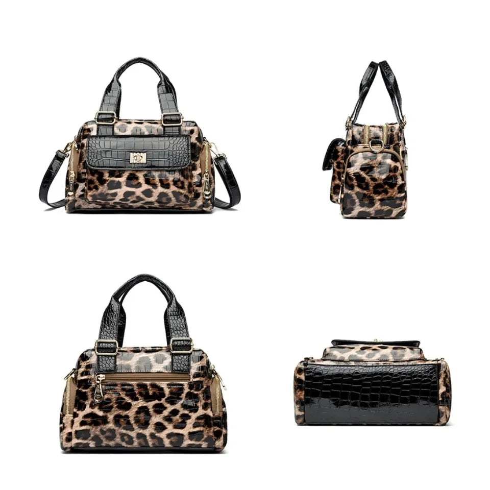Fashionable Leopard Print Boston Bag Luxury Design Handbag