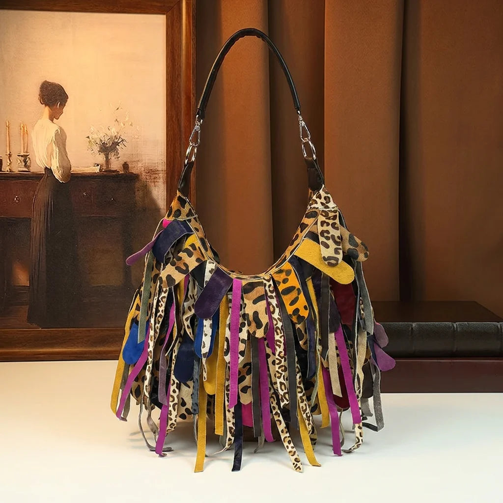 Vintage Patchwork Fringe Hobo Bag Genuine Leather Tassel Bag