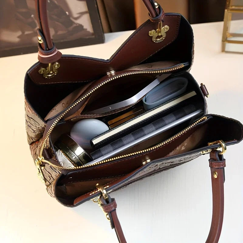 Vintage Flower Pattern Handbag Luxury PU Leather Tote Bag Fashion Crossbody Bag