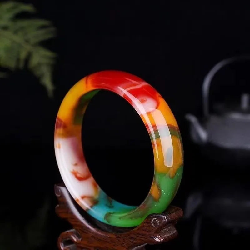 Natural Color Hand Carved Wide Jade Bracelet