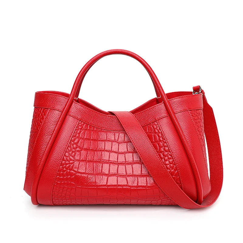 Beautiful solid color cowhide crocodile pattern handbag