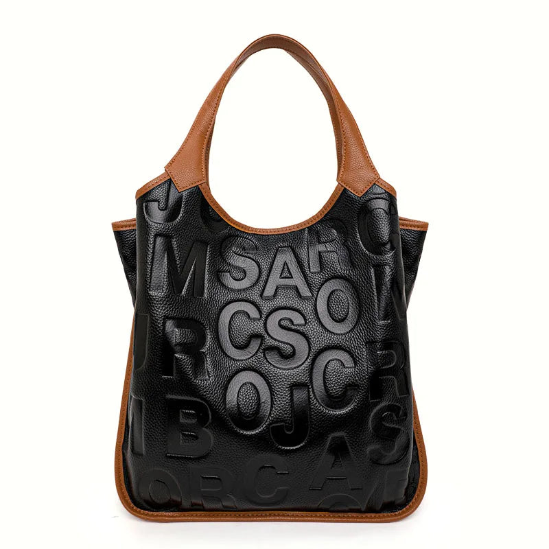 Large Capacity Ladies Handbag Leather Cowhide Color Block Letter Tote Shoulder Bag