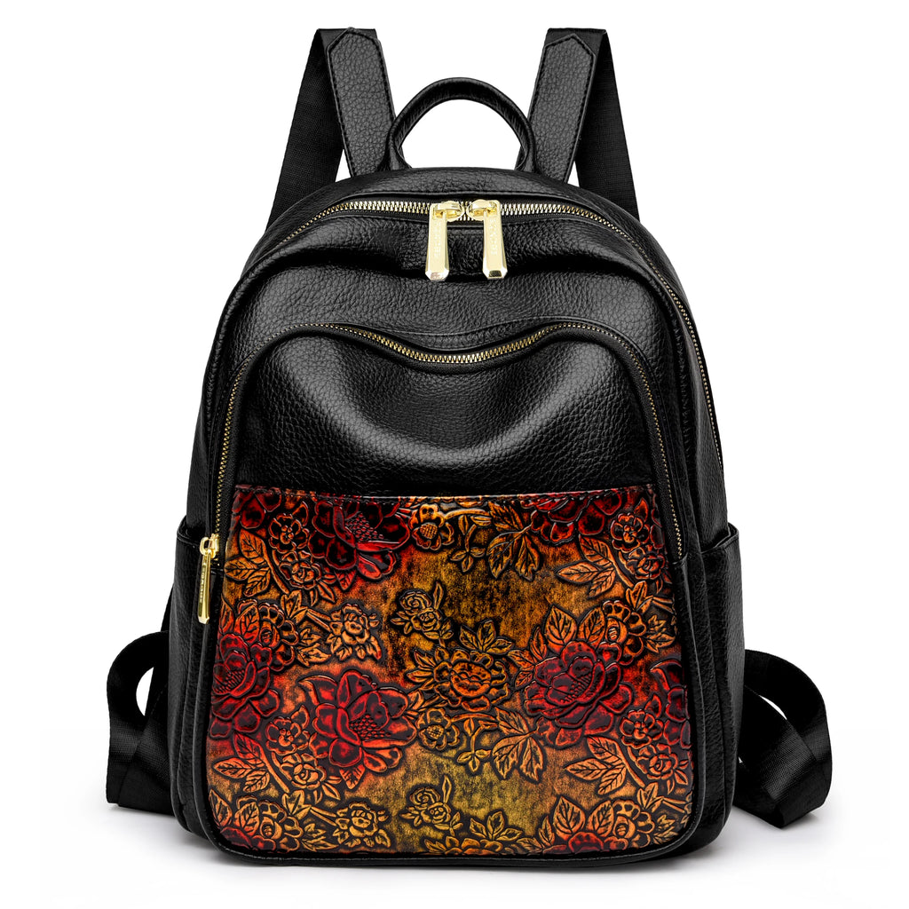 Vintage Floral Print High Quality Soft Leather Backpack Women Large Capacity Bag