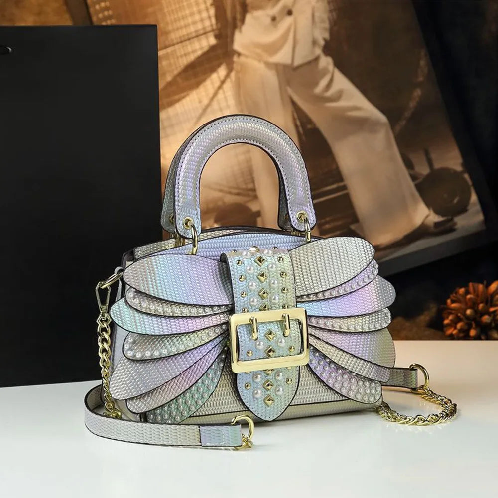 Pearl Rivet Wings Women's Bag Genuine Leather Trendy Bag Temperament Shoulder Bag