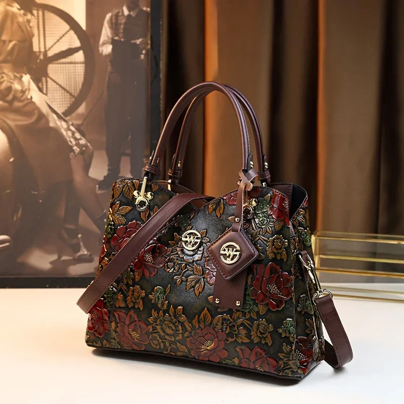 Vintage Flower Pattern Handbag Luxury PU Leather Tote Bag Fashion Crossbody Bag