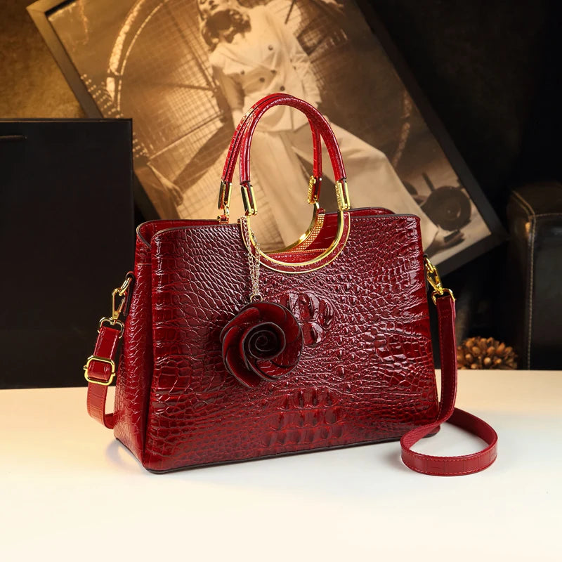 Genuine Leather Handbags Crocodile Pattern Flower Tassel Shoulder Messenger Bag